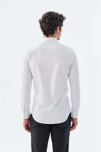 White Slim Fit Italian Collar Long Sleeve Classic Tie-Ready 100% Cotton Satin Shirt - 4