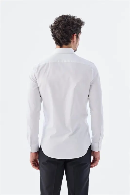 White Slim Fit Italian Collar Long Sleeve Classic Tie-Ready 100% Cotton Satin Shirt - 4