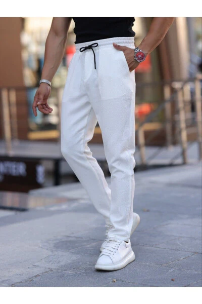 White Slim Fit Laced, Elastic Waist Straight Leg, Textured Men's Jogger Pants - DOMODA (1)