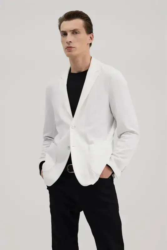 White Slim Fit Mono Collar Flap Pocket Jacket - 2