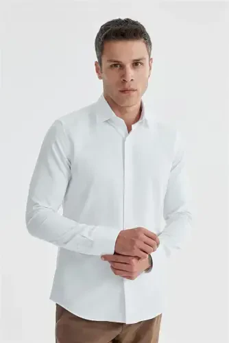 White Slim Fit Patterned Classic Tie Cotton Shirt - 2