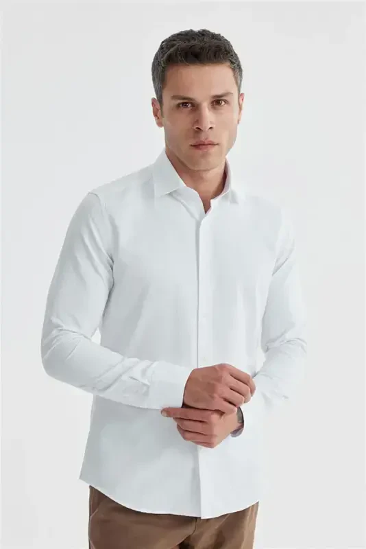 White Slim Fit Patterned Classic Tie Cotton Shirt - 2