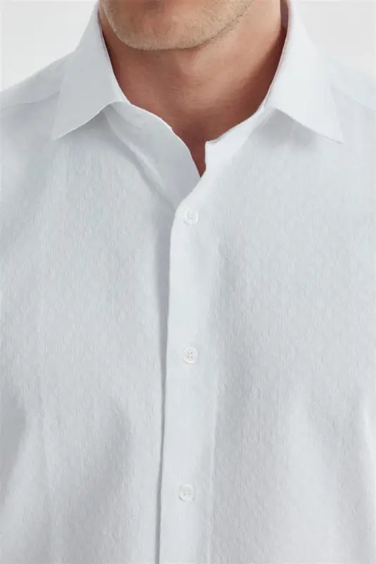 White Slim Fit Patterned Classic Tie Cotton Shirt - 3