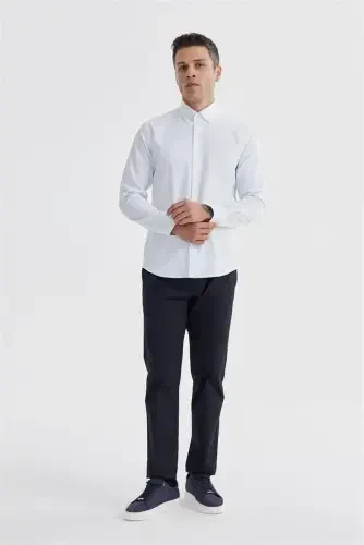 White Slim Fit Patterned Cotton Button-Down Shirt 