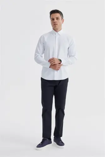 White Slim Fit Patterned Cotton Button-Down Shirt - 3
