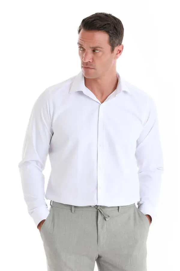 White Slim Fit Patterned Slim Collar Cotton Long Sleeve - 4