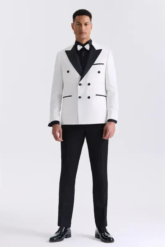 White Slim Fit Peak Lapel Double Breasted Tuxedo Suit - 2