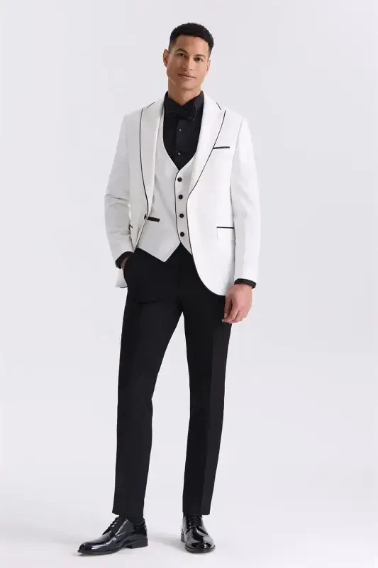 White Slim Fit Peak Lapel Tuxedo Vest Suit - 2