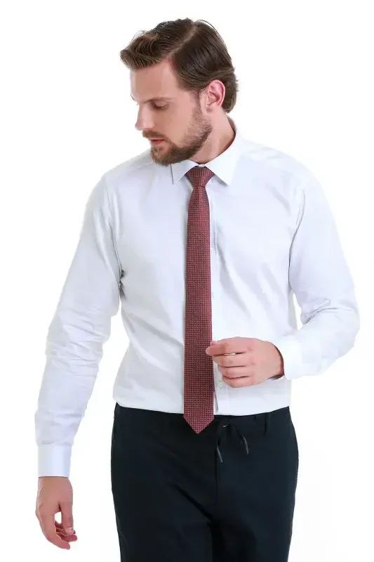 White Slim Fit Plain 100% Cotton Slim Collar Long Sleeve Satin Shirt-White00 - HATEMOĞLU