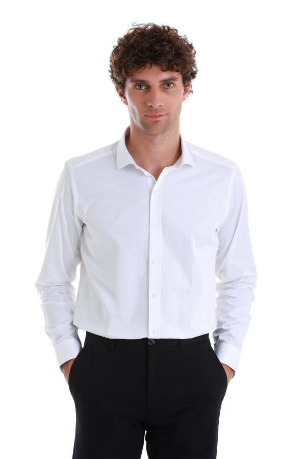 White Slim Fit Plain 100% Cotton Spread Italian Collar Long - 1