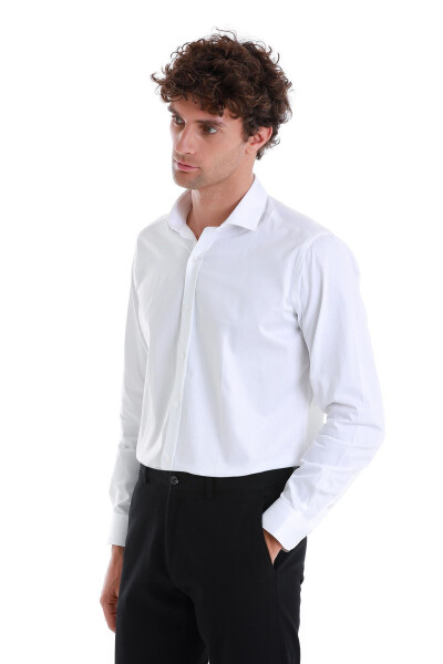 White Slim Fit Plain 100% Cotton Spread Italian Collar Long - 3