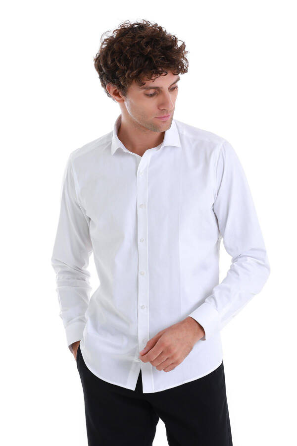 White Slim Fit Plain 100% Cotton Spread Italian Collar Long - 5