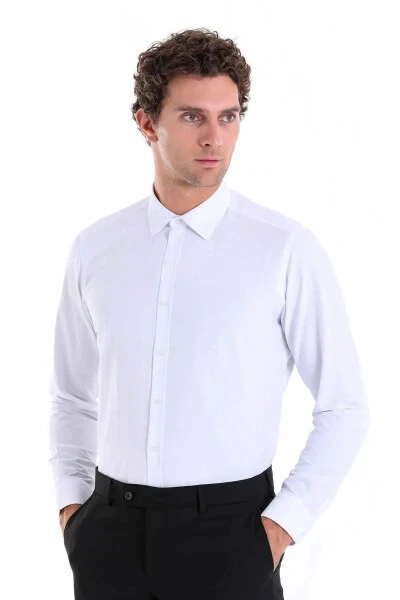 White Slim Fit Plain Cotton Slim Collar Long Sleeve Kl - HATEMOĞLU (1)