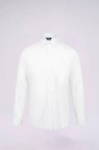 White Slim Fit Plain Slim Collar Cotton Long Sleeve Sports Shirt-White - 1