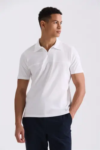 White Slim Fit Zip-Up Polo Neck T-Shirt - JAKAMEN (1)