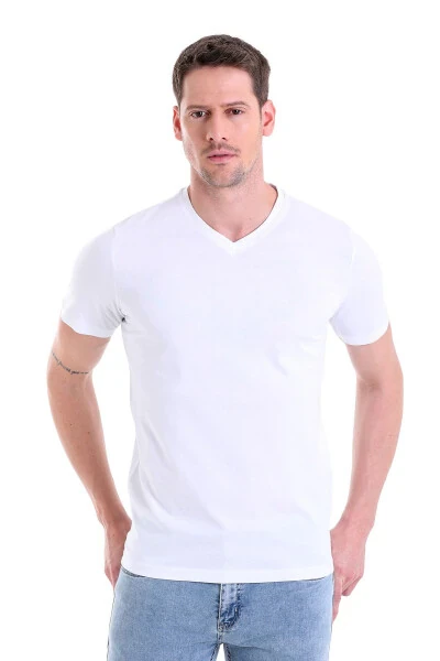 White Solid Regular Fit 100% Cotton V-Neck T-Shirt - 1