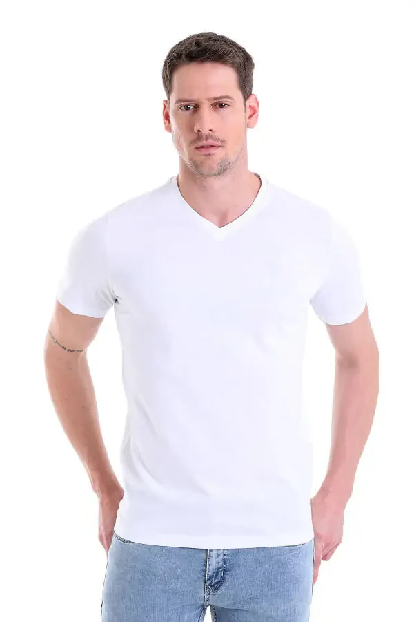 White Solid Regular Fit 100% Cotton V-Neck T-Shirt - 1