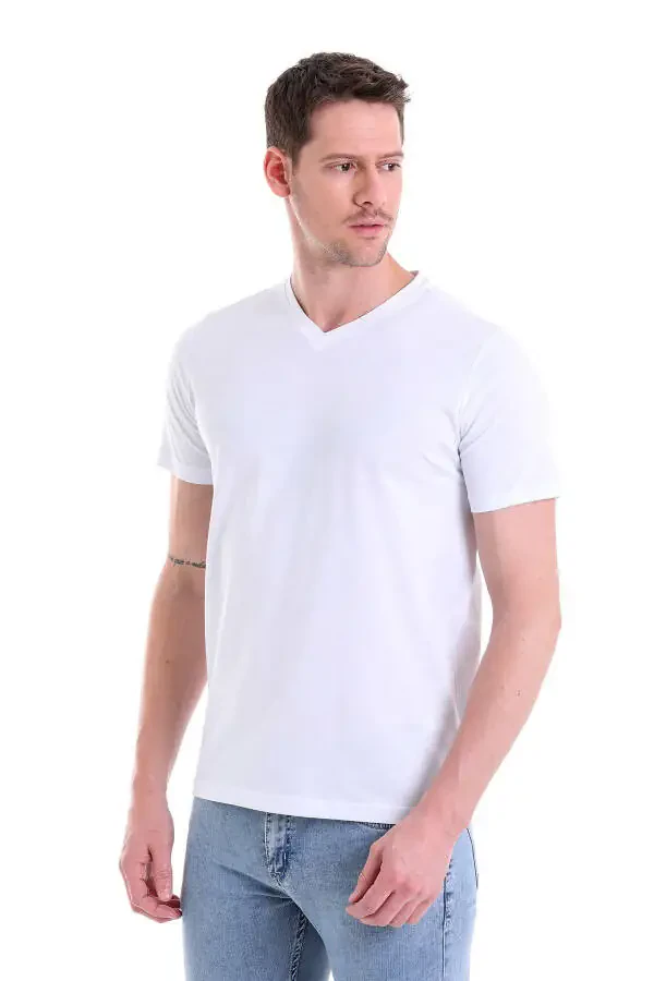 White Solid Regular Fit 100% Cotton V-Neck T-Shirt - 2