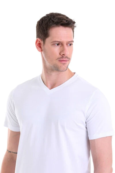 White Solid Regular Fit 100% Cotton V-Neck T-Shirt - 5