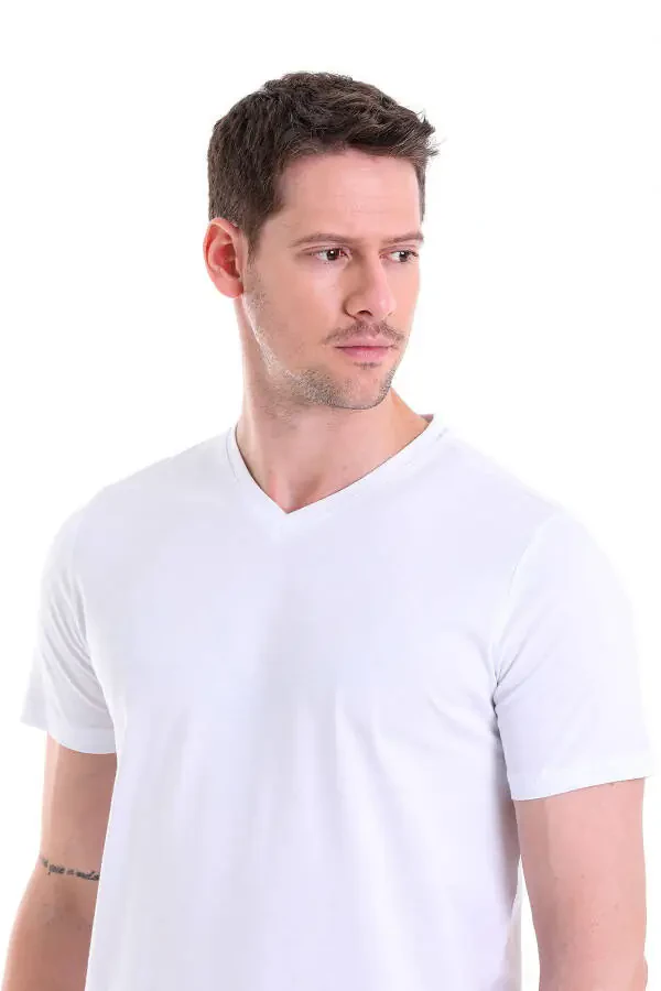 White Solid Regular Fit 100% Cotton V-Neck T-Shirt - 5