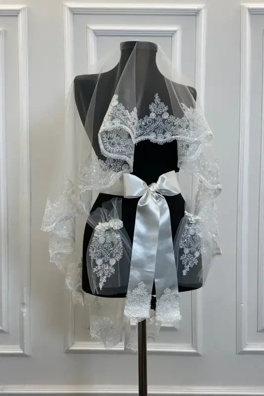 White Sparkling Guipure Bridal Henna Veil Set Wedding Henna Night Face Cover Red-White - 2