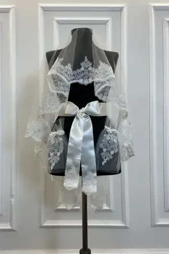 White Sparkling Guipure Bridal Henna Veil Set Wedding Henna Night Face Cover Red-White - 4