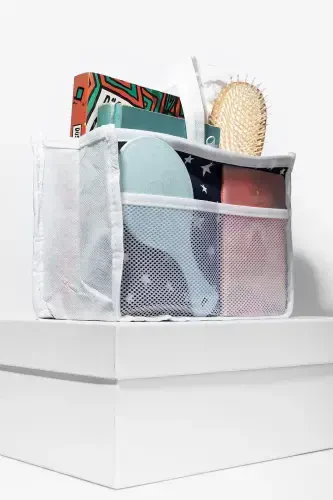 White Star Patterned - 5 Compartment Care Travel Makeup Cosmetic Organizer Bag-White - PHARMA ACQUA (1)