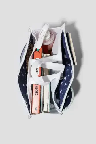 White Star Patterned - 5 Compartment Care Travel Makeup Cosmetic Organizer Bag-White - 3