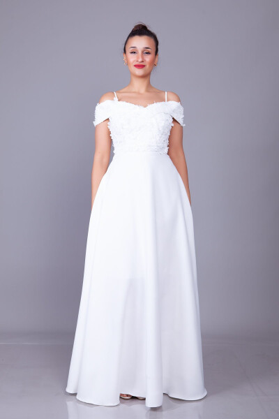 White Strapless Off-the-Shoulder Floral Tulle Detail Maxi Length Flared Evening Dress - BIDOLUELBISE (1)