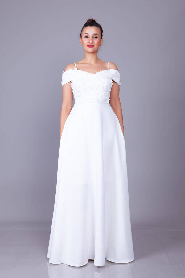 White Strapless Off-the-Shoulder Floral Tulle Detail Maxi Length Flared Evening Dress - 3