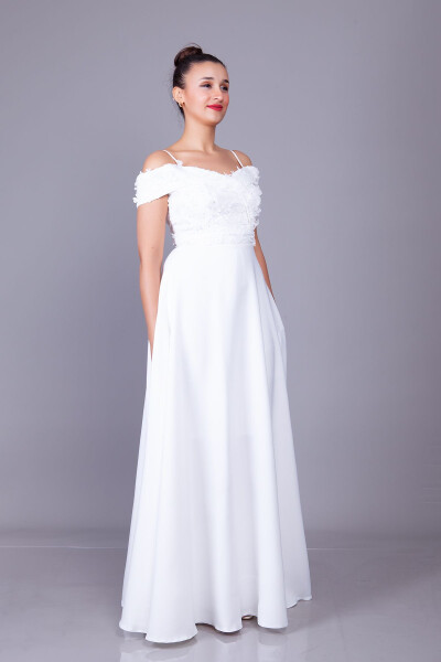 White Strapless Off-the-Shoulder Floral Tulle Detail Maxi Length Flared Evening Dress - 6