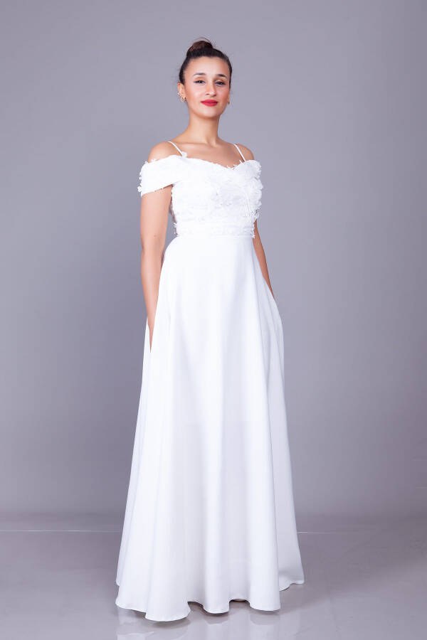 White Strapless Off-the-Shoulder Floral Tulle Detail Maxi Length Flared Evening Dress - 7