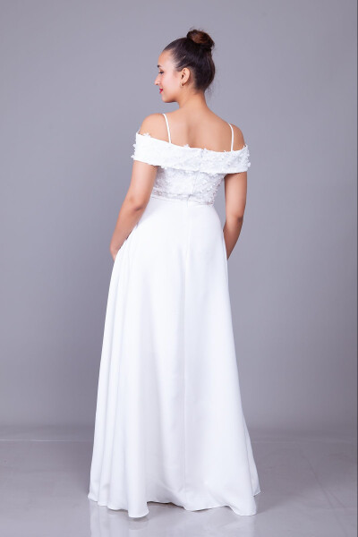 White Strapless Off-the-Shoulder Floral Tulle Detail Maxi Length Flared Evening Dress - 8