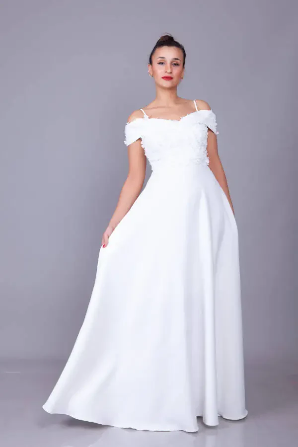 White Strapless Off-the-Shoulder Floral Tulle Detail Maxi Length Flared Evening Dress - 1