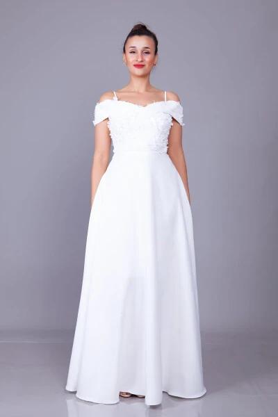 White Strapless Off-the-Shoulder Floral Tulle Detail Maxi Length Flared Evening Dress - Modazone (1)