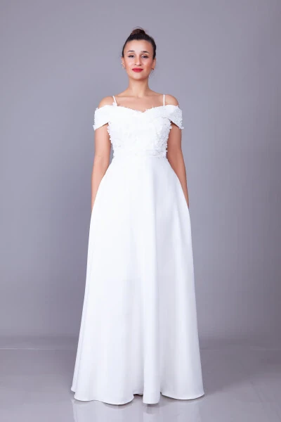 White Strapless Off-the-Shoulder Floral Tulle Detail Maxi Length Flared Evening Dress - 3