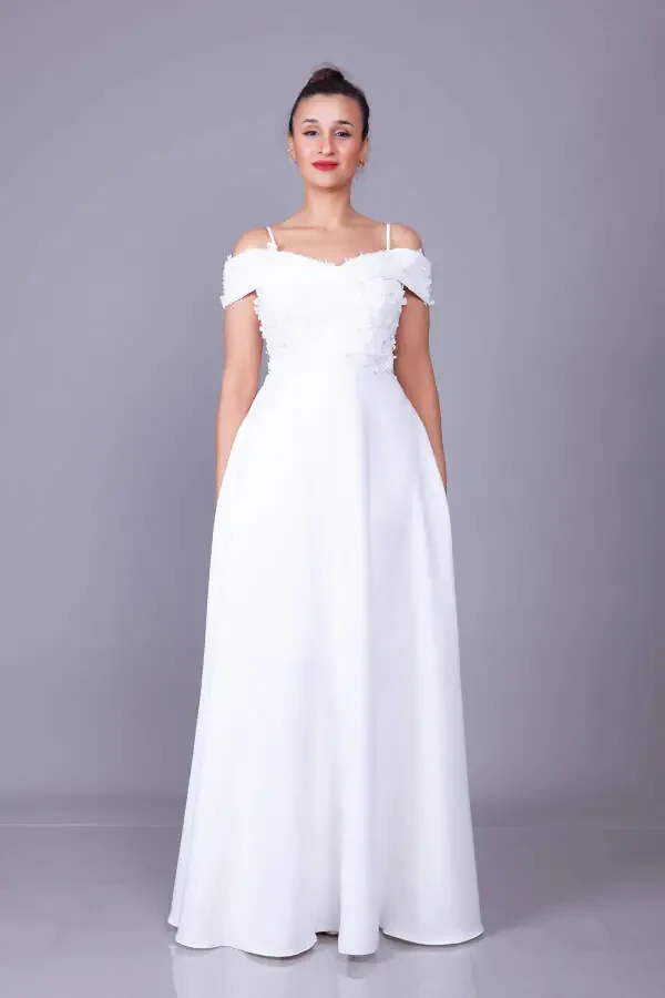 White Strapless Off-the-Shoulder Floral Tulle Detail Maxi Length Flared Evening Dress - 3