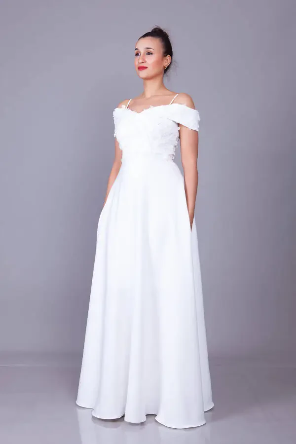 White Strapless Off-the-Shoulder Floral Tulle Detail Maxi Length Flared Evening Dress - 4