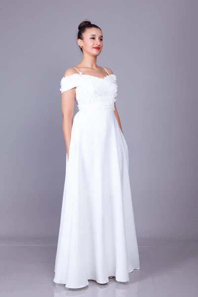 White Strapless Off-the-Shoulder Floral Tulle Detail Maxi Length Flared Evening Dress - 6