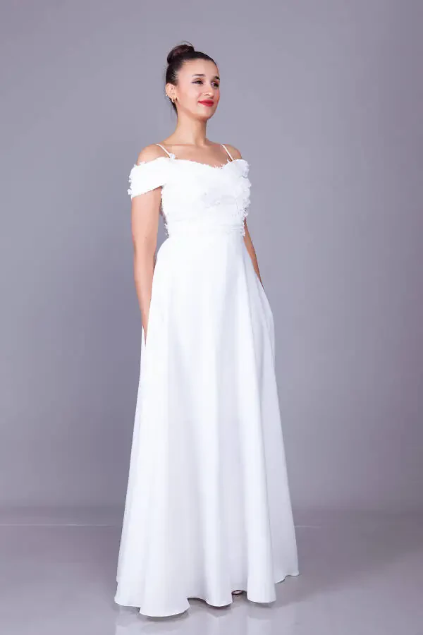 White Strapless Off-the-Shoulder Floral Tulle Detail Maxi Length Flared Evening Dress - 6