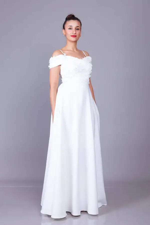 White Strapless Off-the-Shoulder Floral Tulle Detail Maxi Length Flared Evening Dress - 7