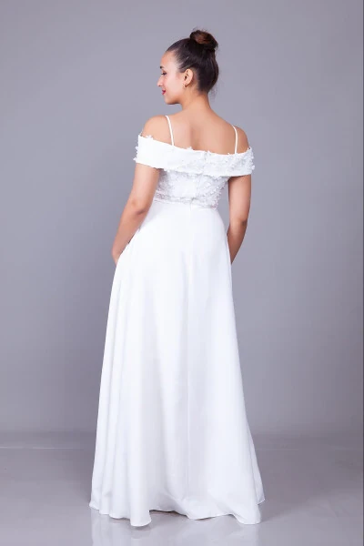 White Strapless Off-the-Shoulder Floral Tulle Detail Maxi Length Flared Evening Dress - 8