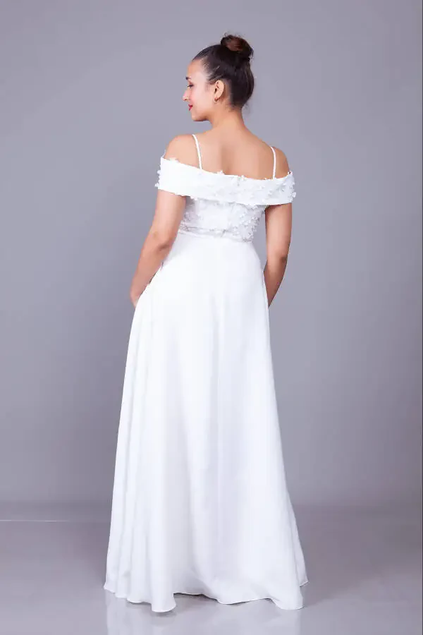 White Strapless Off-the-Shoulder Floral Tulle Detail Maxi Length Flared Evening Dress - 8