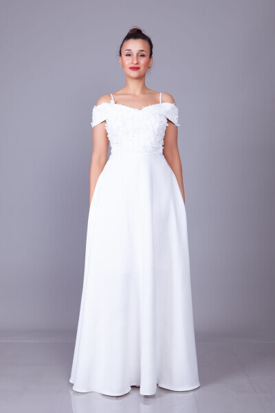 White Strapless Off-the-Shoulder Floral Tulle Detail Maxi Length Flared Evening Dress - 12