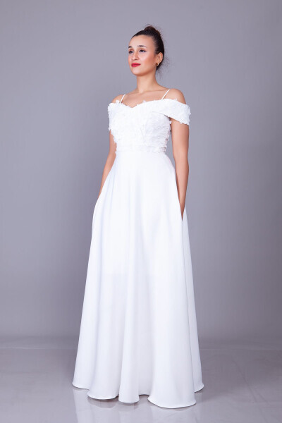 White Strapless Off-the-Shoulder Floral Tulle Detail Maxi Length Flared Evening Dress - 13