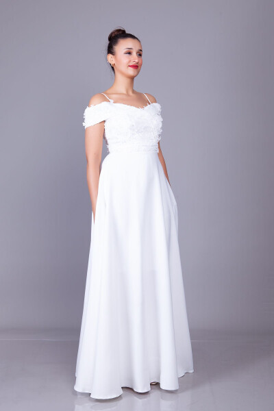 White Strapless Off-the-Shoulder Floral Tulle Detail Maxi Length Flared Evening Dress - 15