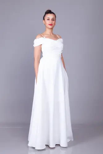 White Strapless Off-the-Shoulder Floral Tulle Detail Maxi Length Flared Evening Dress - 1