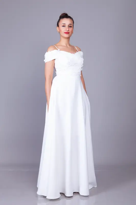 White Strapless Off-the-Shoulder Floral Tulle Detail Maxi Length Flared Evening Dress - 1