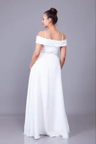 White Strapless Off-the-Shoulder Floral Tulle Detail Maxi Length Flared Evening Dress - BIDOLUELBISE (1)