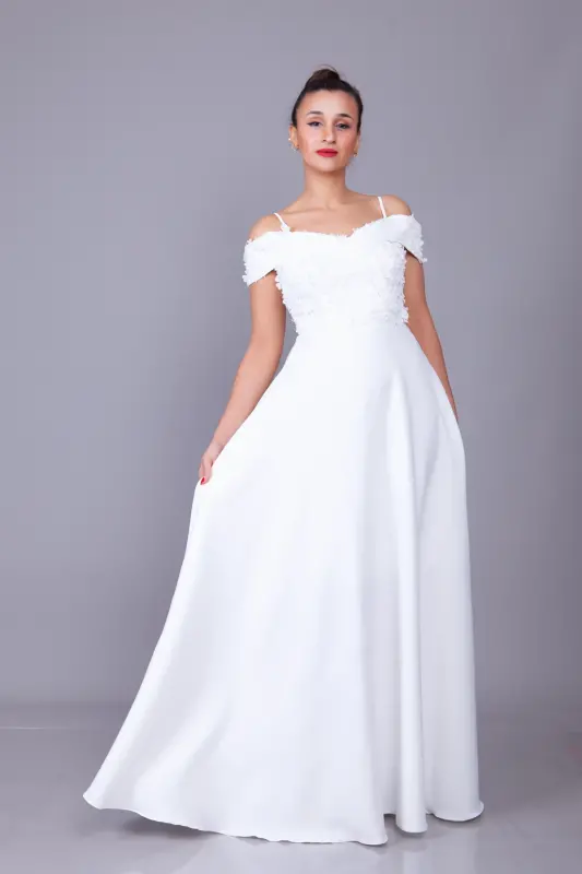 White Strapless Off-the-Shoulder Floral Tulle Detail Maxi Length Flared Evening Dress - 4